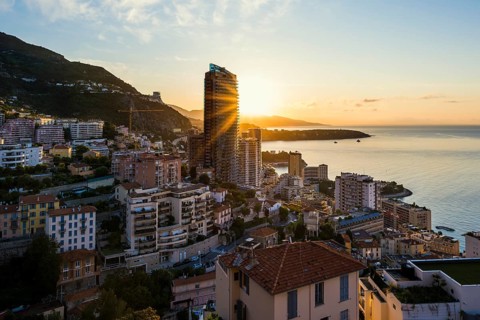 Panorama, Skyline with skyscrapers by the sea, Sunrise, Monte Carlo, Cote d'Azur, Monaco