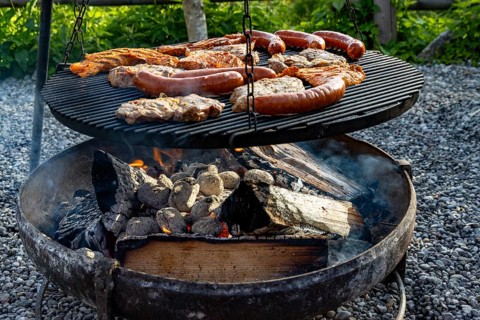 Meat and sausages on the grill over a fire bowl during a barbecue
