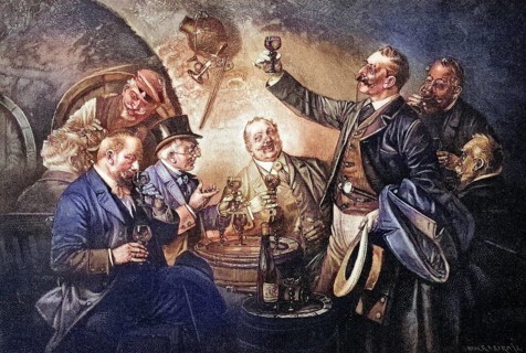 Wine tasting of the councillors in the Ratskeller, coloured wood engraving, reproduction of a model