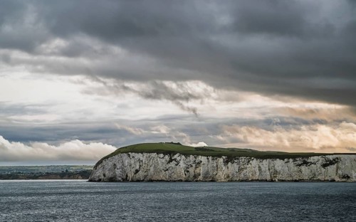 Sunset over White Cliffs of Old Harry Rocks Jurassic Coast, Dorset Coast, Poole, England, United