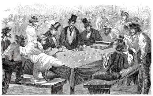 Men gambling with cards at a gaming table, 1870, England, digitally enhanced reproduction from a