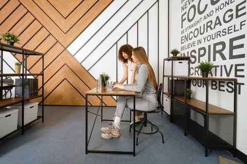 Two women are collaborating on a project in a stylish, modern office designed for a startup focused