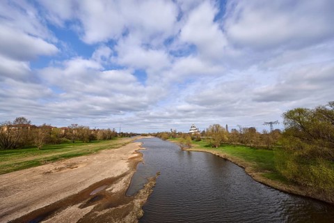 Old Elbe, oxbow, river, riverbank, trees, meadow, blue sky, cumulus clouds, Magdeburg, state