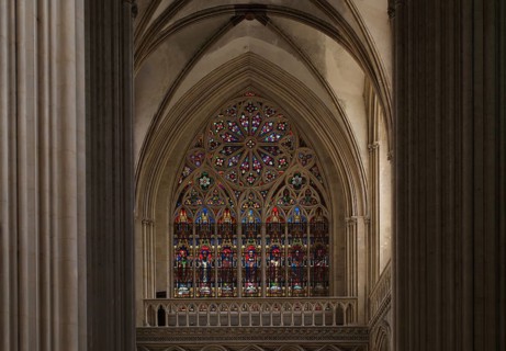 Interior view, stained glass window, coloured church windows, Cathédrale Notre-Dame de Bayeux,