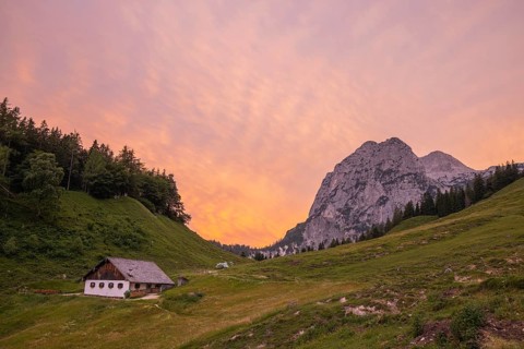 Magical sunset at the Halsalm above the Hintersee near Berchtesgaden