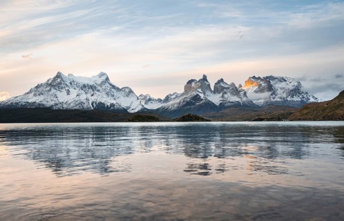 Cuernos del Paine mountain range at sunset, reflection in Lago Pehoe, Torres del Paine National