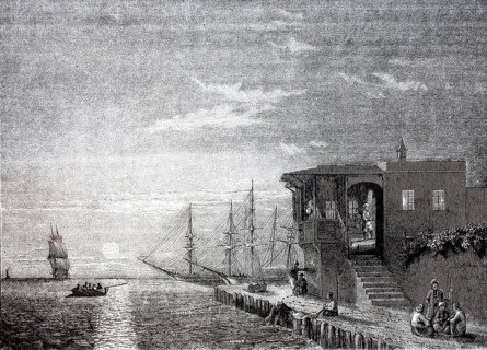 Turkish coffee house at the harbour of Rhodes in the evening, in 1870, Greece, digitally enhanced