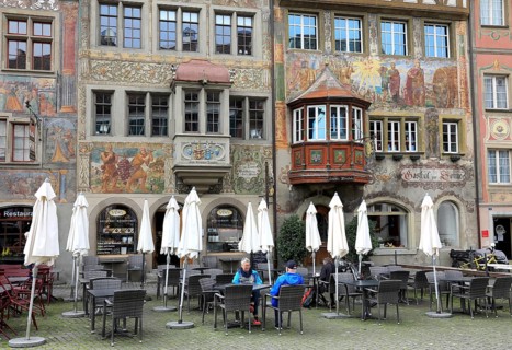 House facade with facade painting in the old town, Stein am Rhein, Canton Schaffhausen, Switzerland