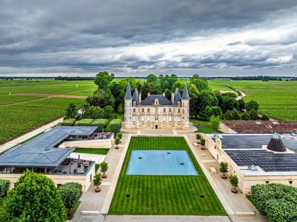 Chateau Pichon Longueville Baron Vineyard and grape fields around Pauillac from a drone, Bordeaux,