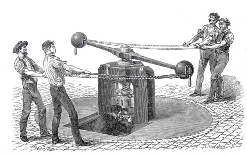 Worker at a mint, coin minting block, moved by human power, 1860, England, digitally enhanced
