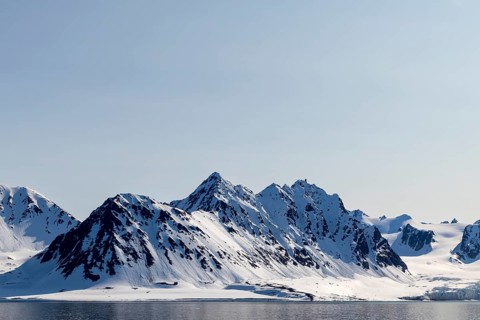 Mountain tops, snow, sea, Smeerenburg, Spitsbergen, Svalbard