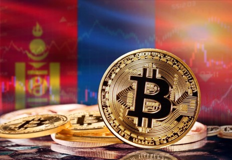 Bitcoin with Mongolia flag in the background. Investors in cryptocurrency and Blockchain Technology