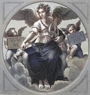 Symbolism of poetry, An angel sitting on clouds, holding a harp and a book, accompanied by two
