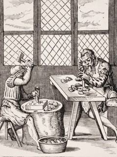 Dice maker. Reproduction of a woodcut from the 16th century by Jost Amman from the 19th century,