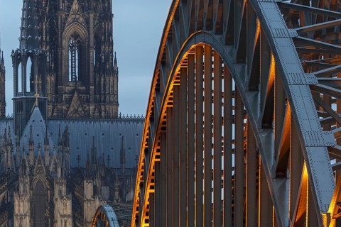 Cologne Cathedral and the Hohenzollern Bridge illuminated with LED lights, Cologne, North