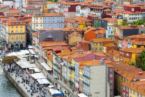 Rooftops of historic buildings in Ribeira area, city of Porto, Portugal