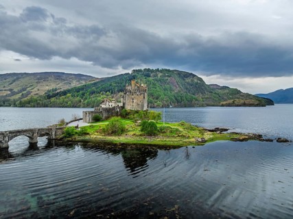 Eilean Donan Castle and Loch Duich from a drone, Isle of Skye, Highlands, Scotland, England, United