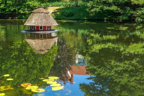 Floating duck breeding house with thatched roof, serose leaves, water reflection with villa from