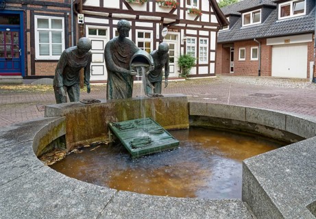 The asparagus fountain in Mühlenstraße, a historical sight in the old town centre of Nienburg an