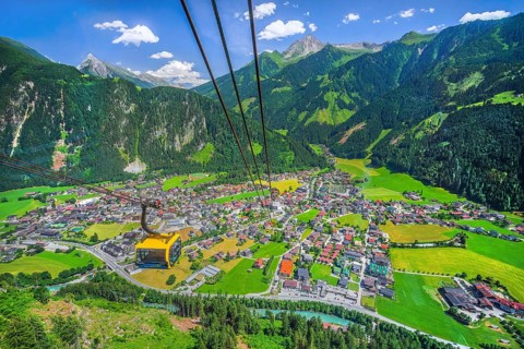 Penkenbahn with view of the village, Mayrhofen, Zillertal, Zillertal Alps, Tyrol, Austria