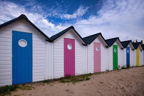 Bathing huts, beach huts, beach cabins, bathing cabins, cabins, colourful, colourful,