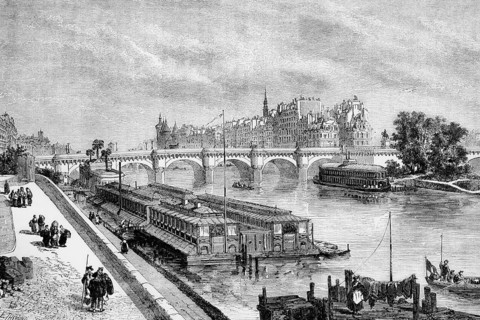 A view of the Seine and the Pont Neuf in Paris, 1840, France, digital reproduction of a historical