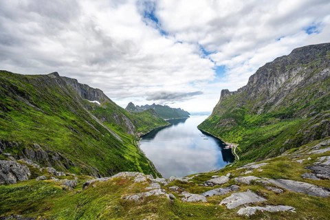 View of Øyfjorden fjord and mountains, fjord landscape with mountain peaks, hike to Barden