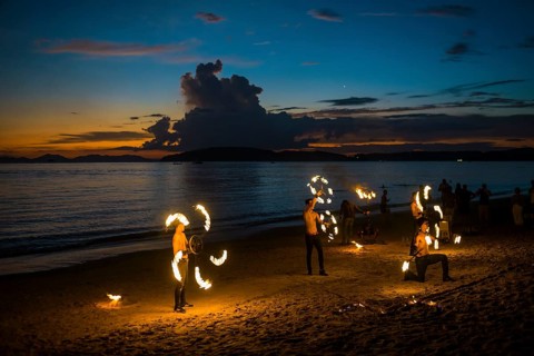 Fire show, jugglers with fire, Ao Nang Beach, sunset, Ao Nang, Krabi, Thailand