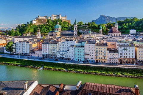 Panoramic view from the Kapuzinerberg over the Salzach to the old town with the Hohensalzburg