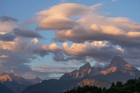 Gigantic sunrise at Maria Gern with a view of the Watzmann near Berchtesgaden