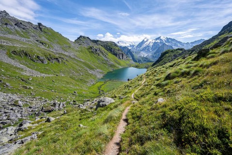 Hiking trail in a picturesque mountain landscape, view of the Lac du Louvie mountain lake and