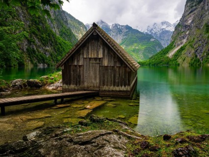 Boathouse at the Obersee near Königssee in the Berchtesgaden National Park, Schönau am Königssee,