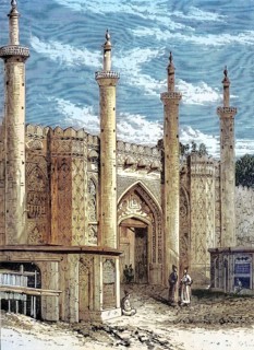 The South Gate of Tehran, Iran, coloured wood engraving, reproduction of a model from ca 1888,