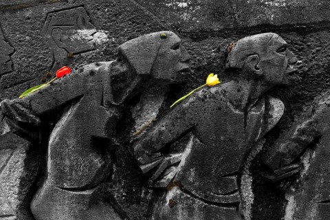 Bittermark memorial, memorial site, detail with tulips for the memorial service on Good Friday,