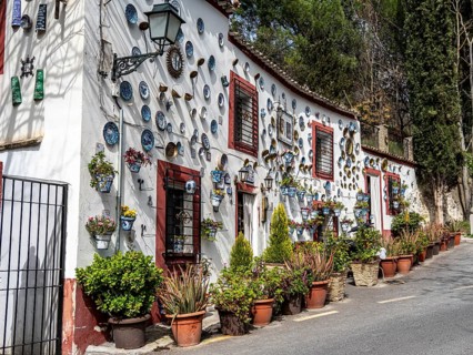 House casa la sevillana, decorated white house, Granada, Andalusia, Spain