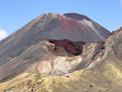 On the hiking trail of the Tongariro Alpine Crossing in Tongariro National Park with a view of the