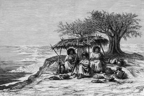 Indian tavern with three woman under trees on a hill, lake, mountain landscape, shelter, jug with