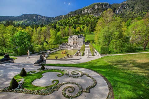 Water parterre with the portal of Linderhof Castle in spring, municipality of Ettal, Ammergau Alps,