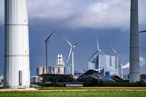 RWE coal-fired power plant Eemshavencentrale, in the seaport of Eemshaven, operator RWE Power, wind