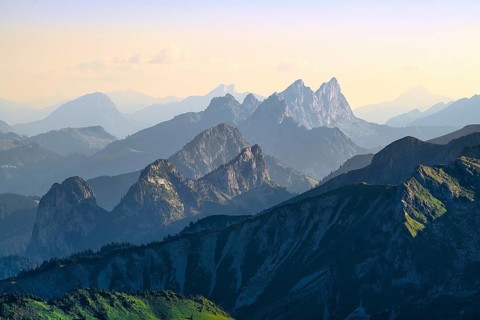 View from Mount Gantrisch, sunset over the Fribourg Pre-Alps, Canton of Bern, Switzerland