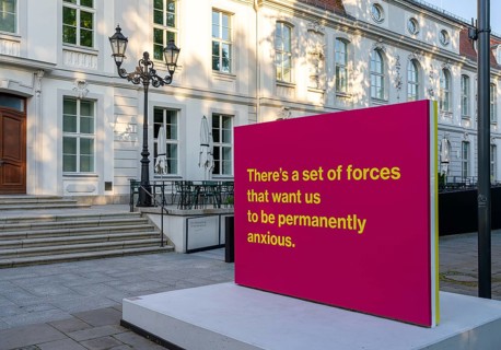 Tony Cokes, visual artist and educator, display panel at the Palais Populaire Unter den Linden,