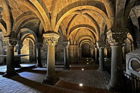 Vault, altar, columns, capitals and canopy in the underground grove of columns, pagan crypt, 10th