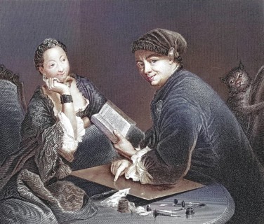 Engraver Georg Friedrich Schmidt with copper plate, burin, book in conversation with a noble lady,