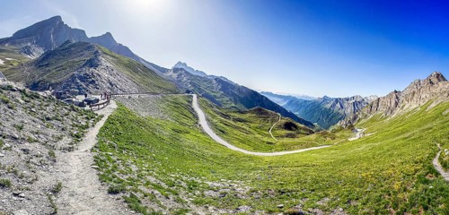 Panoramic view to the left of small car park of 2744 metre high Col Agnel, Colle dell' Agnello in