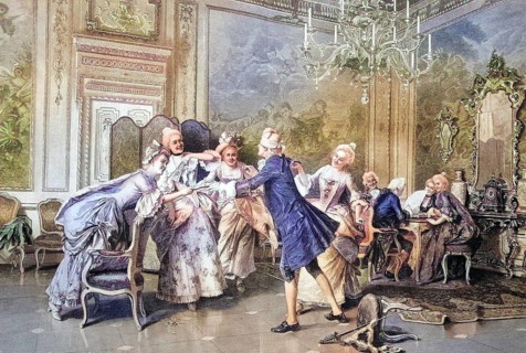 Blind man's buff game of fine society, coloured wood engraving, reproduction of a model from ca