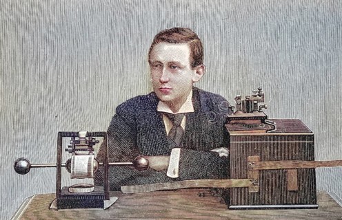 Marconi and his telegraph apparatus. Guglielmo (since 1924 Marchese) Marconi (1874-1937) was an