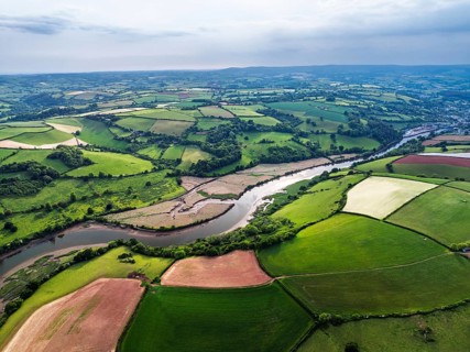 Farms and Fields over River Dart from a drone, Stoke Gabriel, Totnes, Devon, England, United