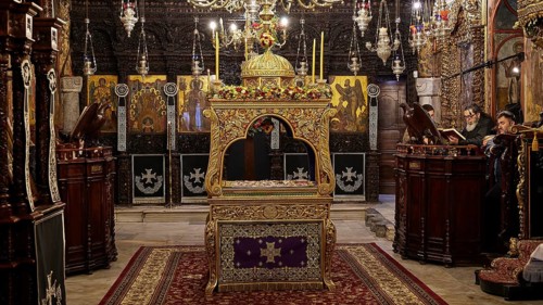 Epitaphio, richly decorated church interior with altar, icons and candlesticks, Holy Week, Bay of