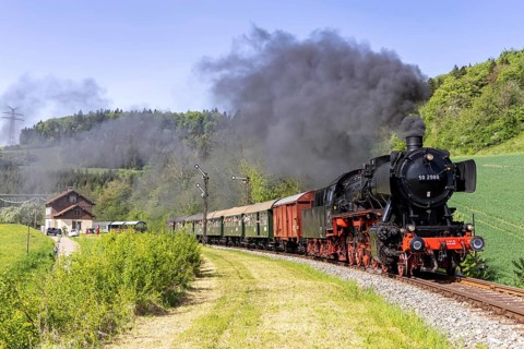 Steam train of the Sauschwänzlebahn steam railway railway steam locomotive at Epfenhofen station in