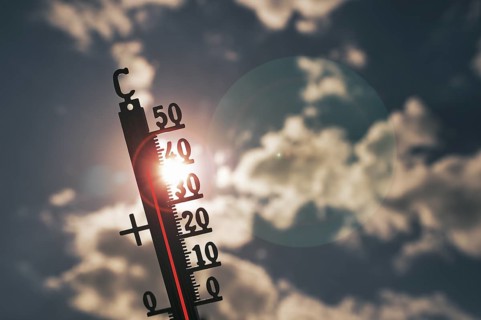 Symbolic image heat wave, thermometer in the sun, summer, climate change, temperature, record heat,